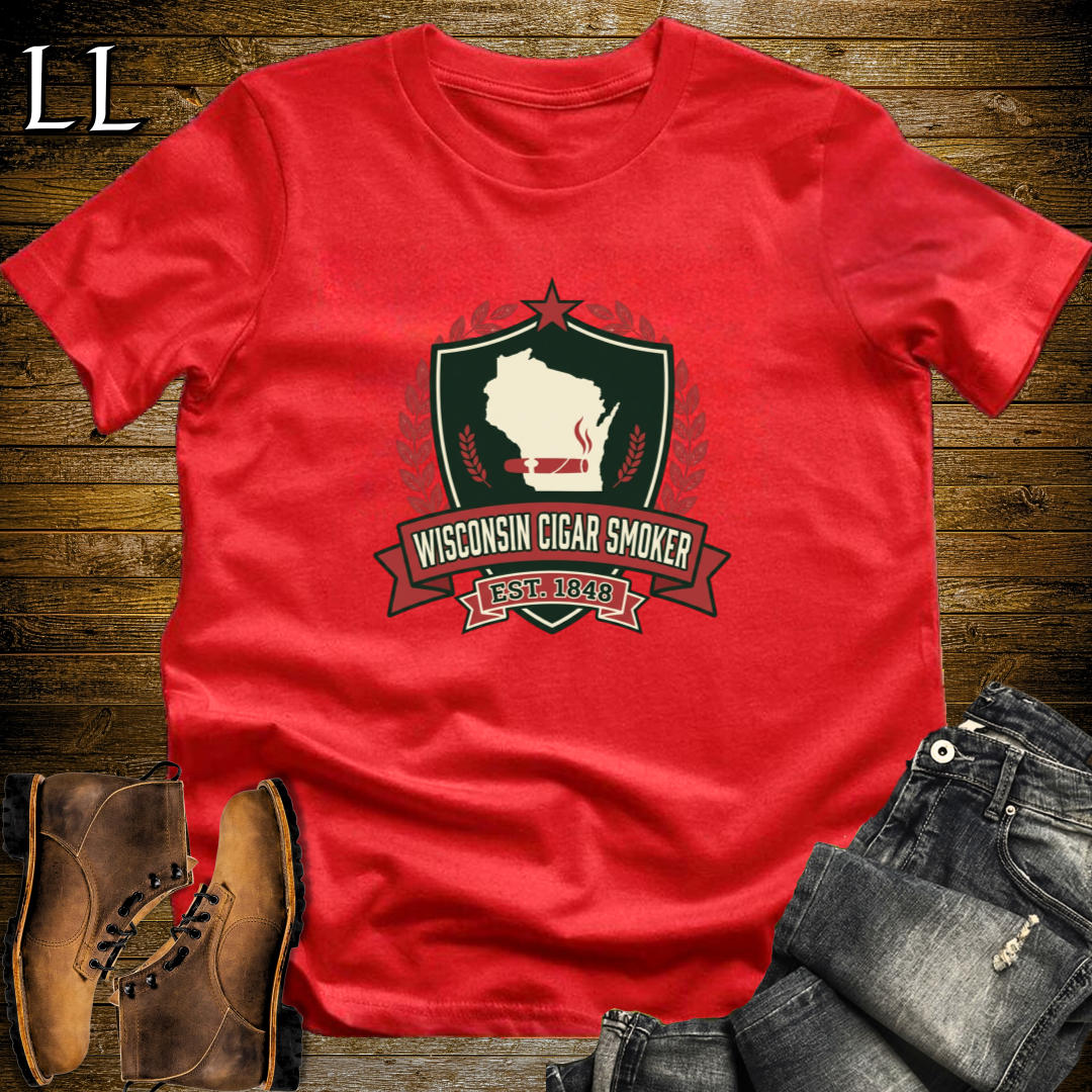 Wisconsin Cigar Smoker Shield T-Shirt Red | Wisconsin Cigar Crest Gift Tee