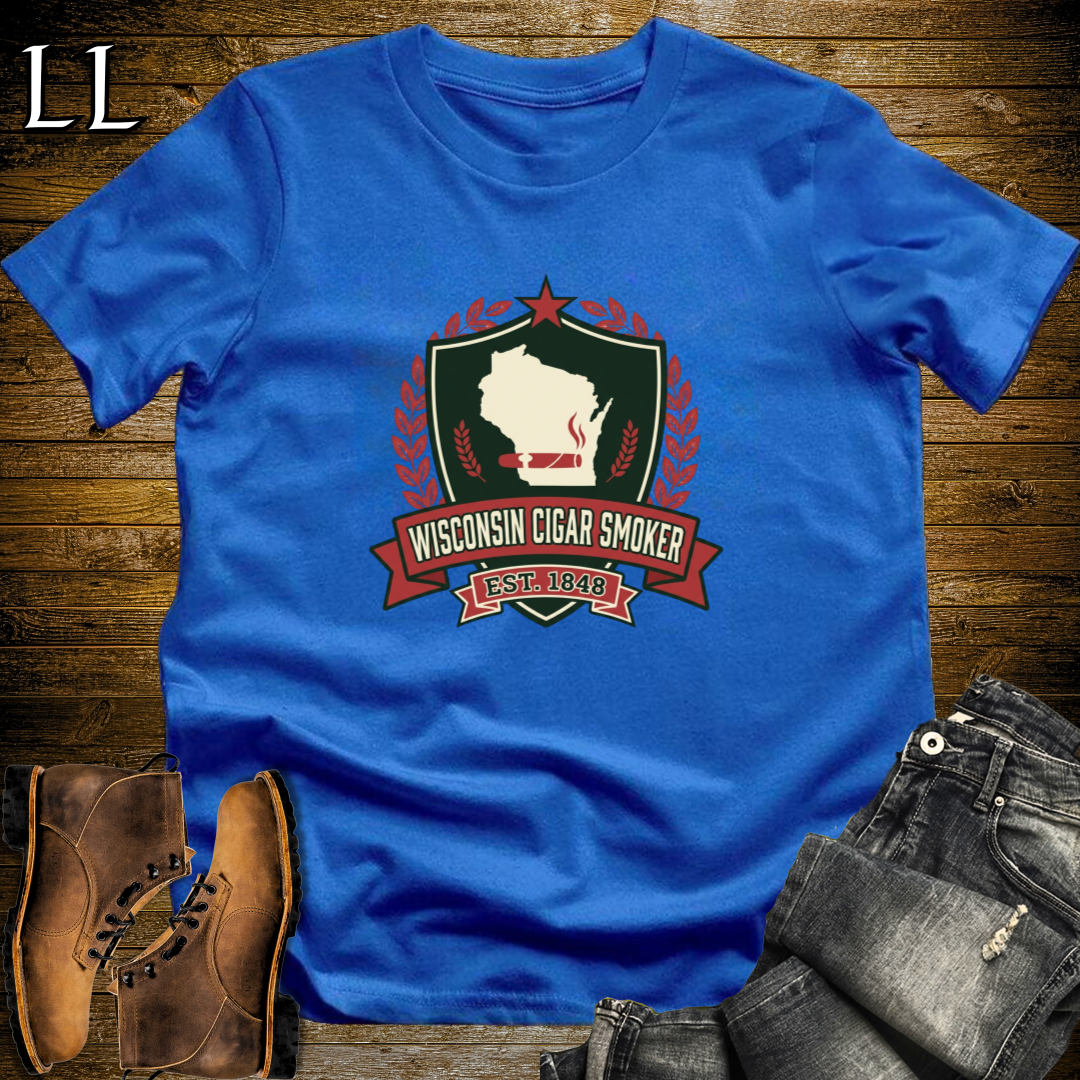 Wisconsin Cigar Smoker Shield T-Shirt Royal Blue | Wisconsin Cigar Crest Gift Tee