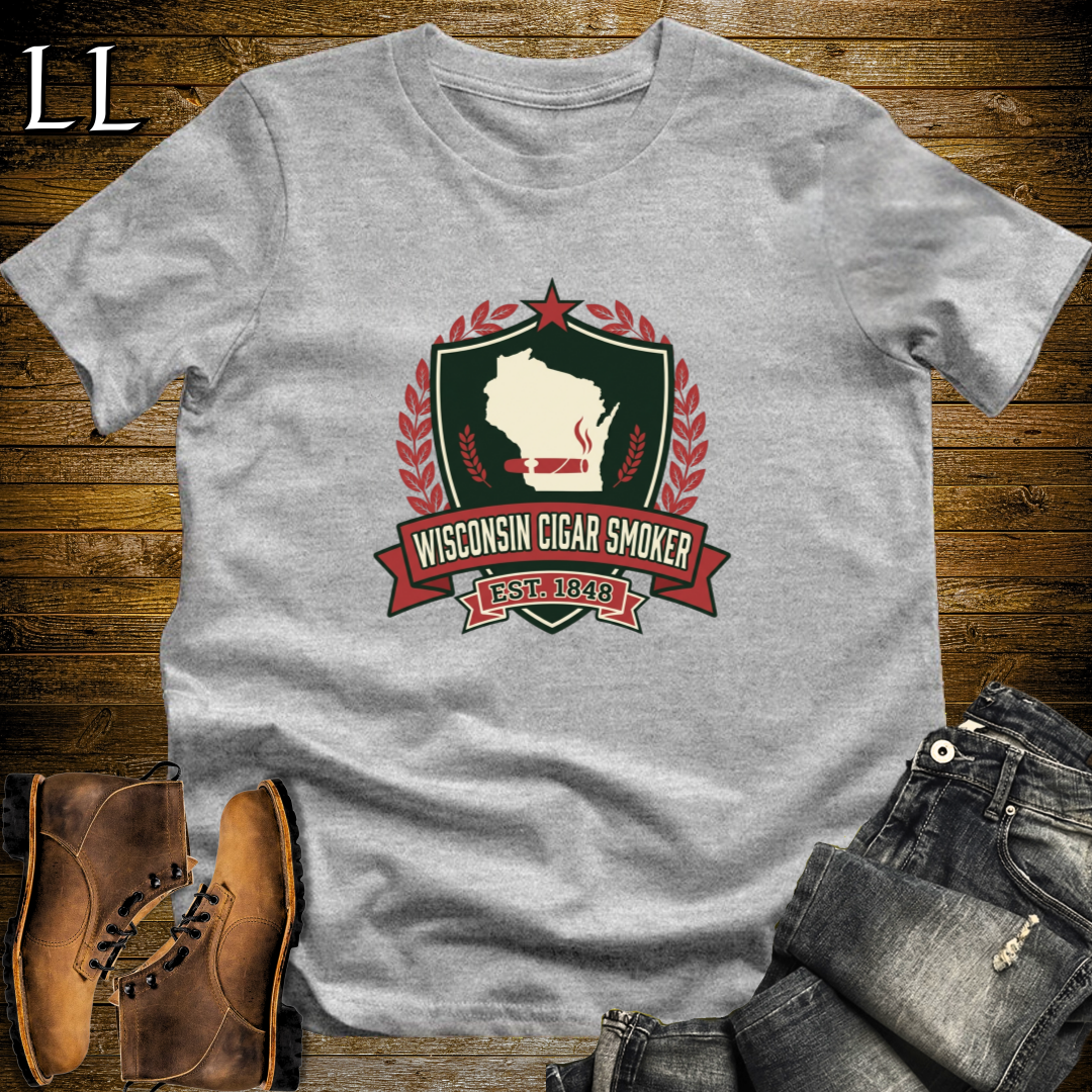 Wisconsin Cigar Smoker Shield T-Shirt Sport Grey | Wisconsin Cigar Crest Gift Tee