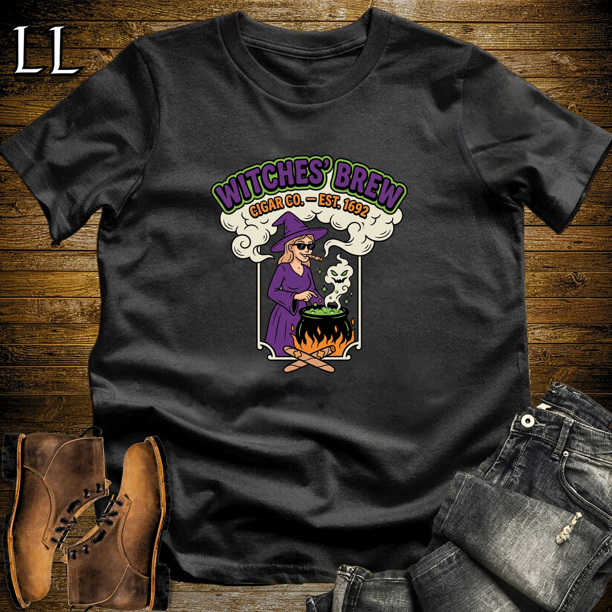 Witches' Brew Cigar Co Vintage Label White Woman T-Shirt in Black | Halloween Cigar Shirt