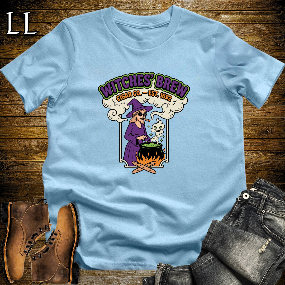 Witches' Brew Cigar Co Vintage Label White Woman T-Shirt in Light Blue | Halloween Cigar Shirt