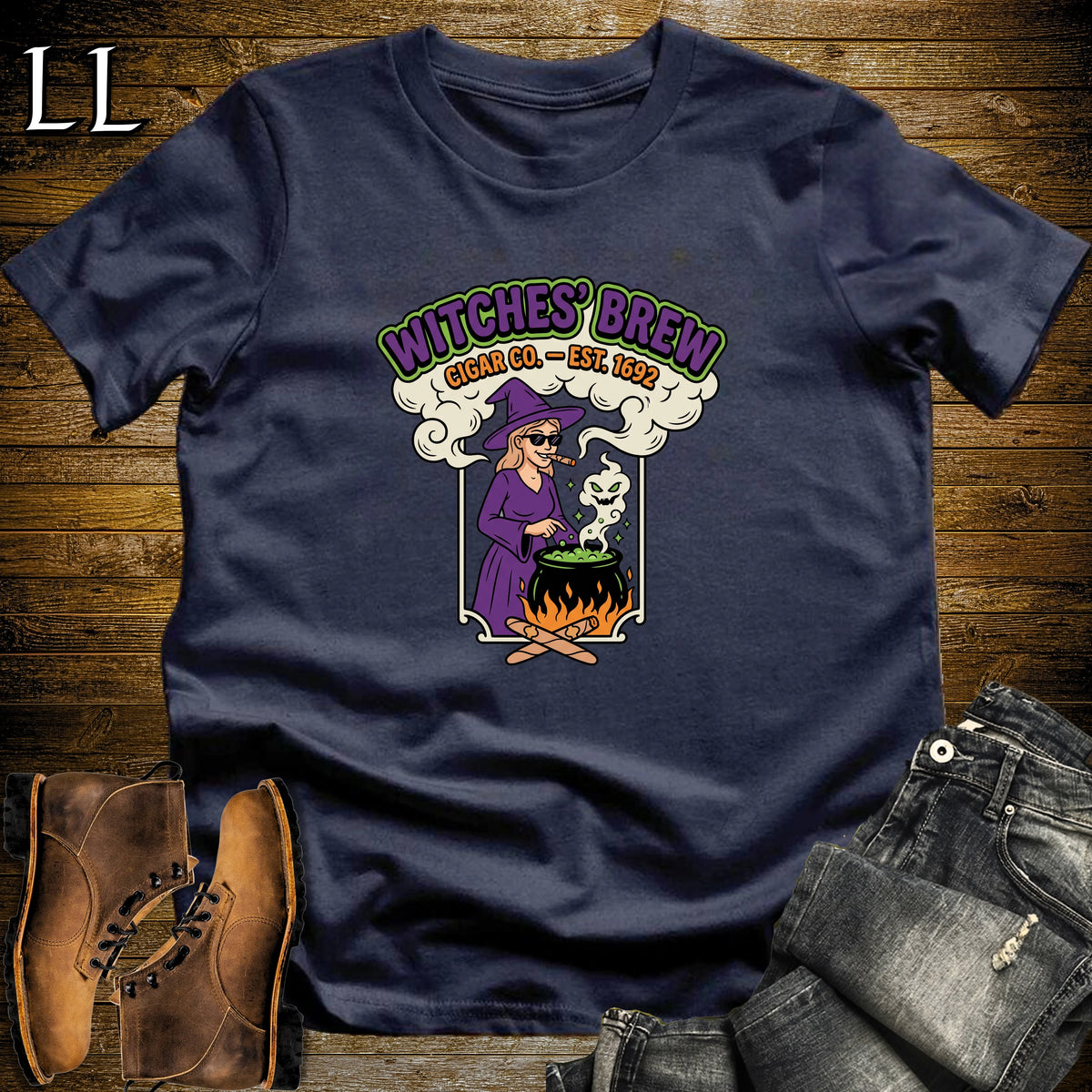 Witches' Brew Cigar Co Vintage Label White Woman T-Shirt in Navy | Halloween Cigar Shirt