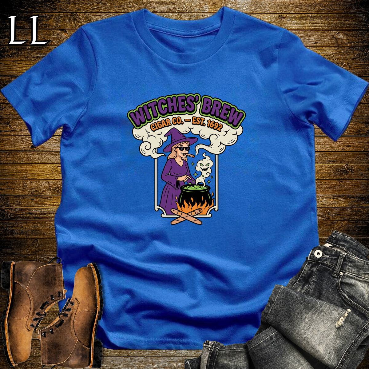 Witches' Brew Cigar Co Vintage Label White Woman T-Shirt in Royal Blue | Halloween Cigar Shirt