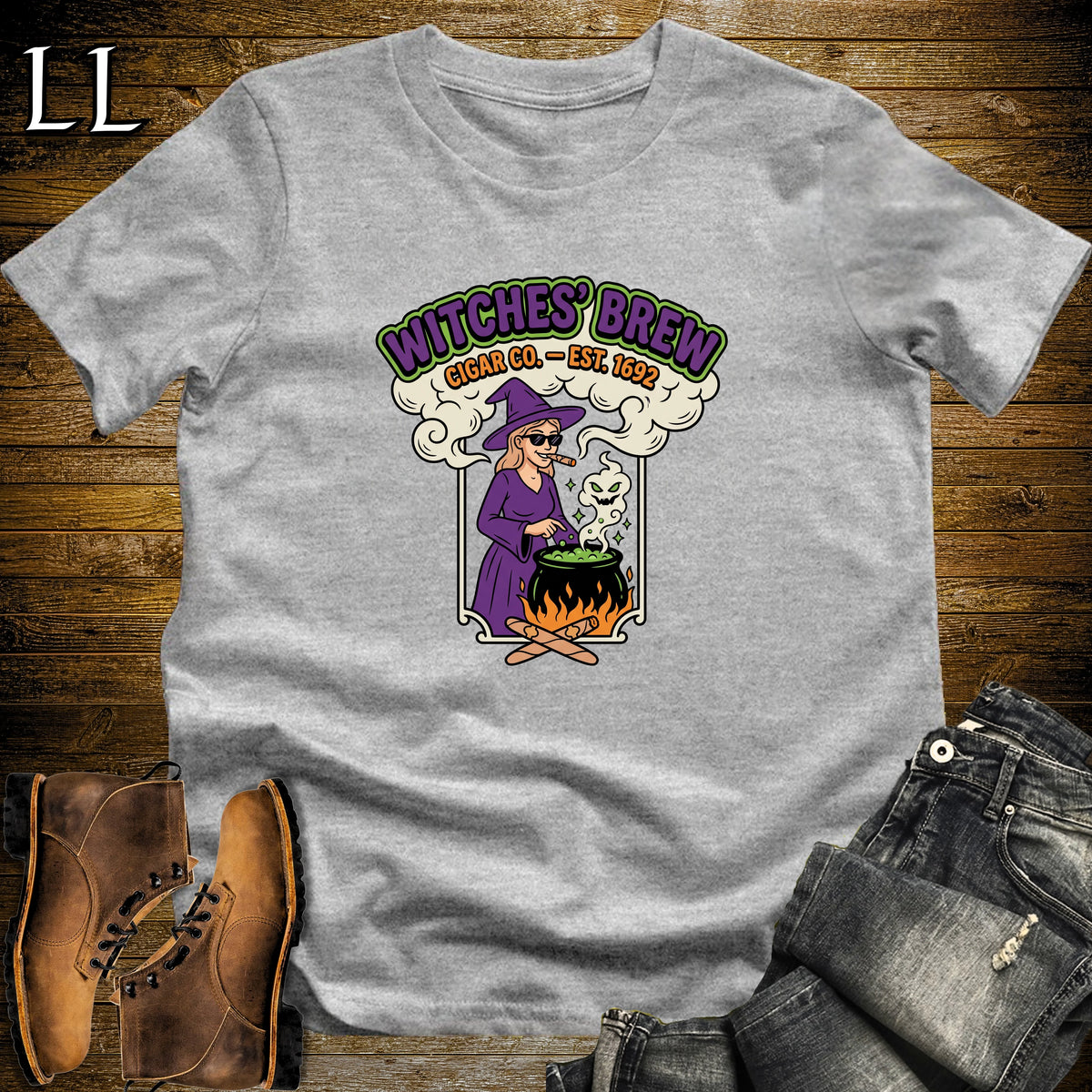 Witches' Brew Cigar Co Vintage Label White Woman T-Shirt in Sport Grey | Halloween Cigar Shirt