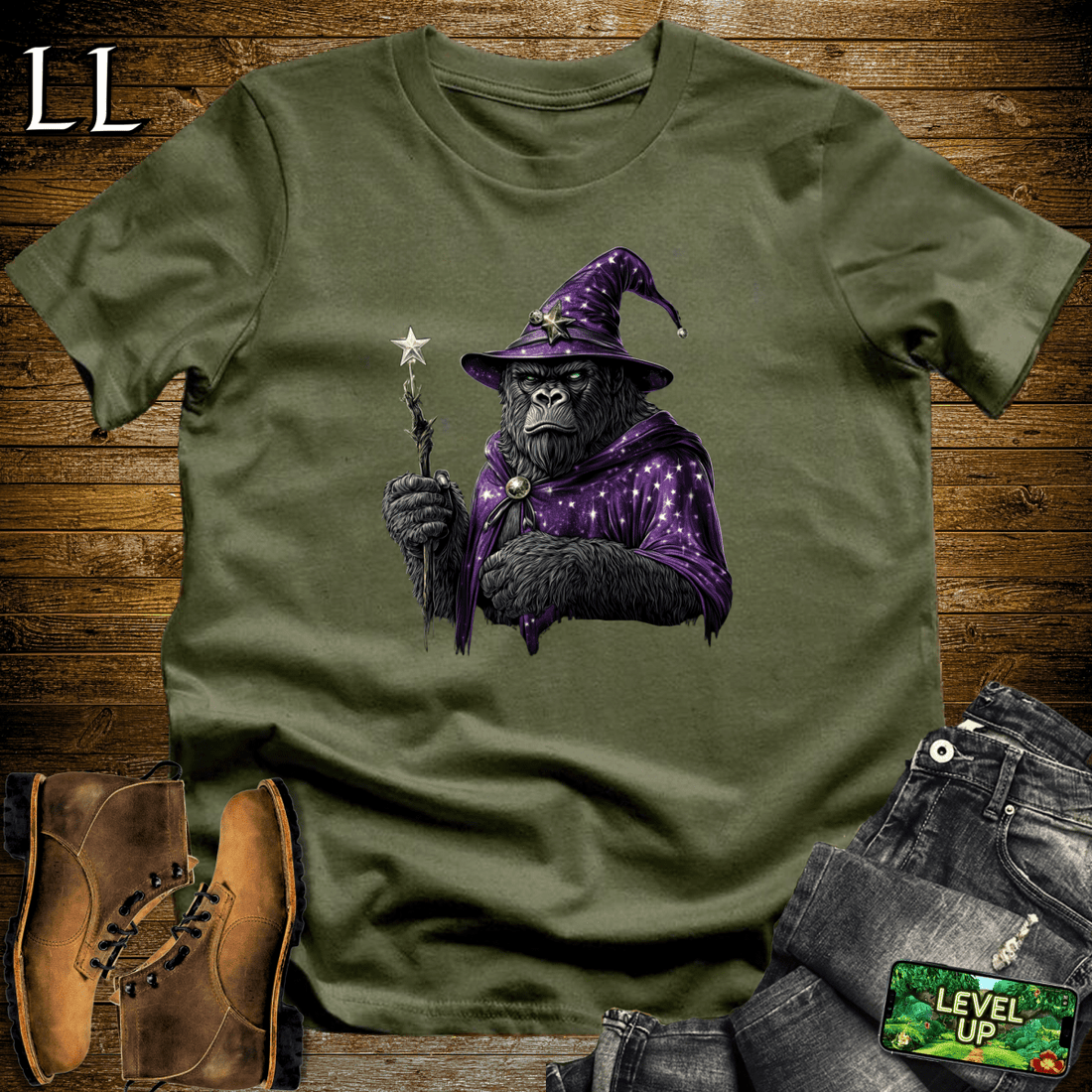 Wizard Gorilla Softstyle Tee Military Green | Funny Wizard Gorilla Tee