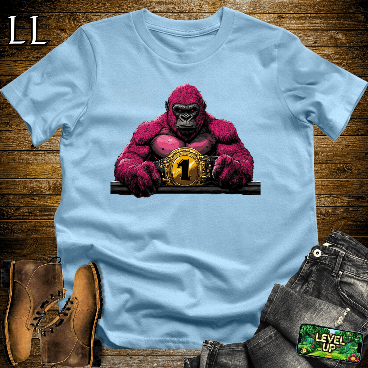 World Champ Belt Gorilla Softstyle Tee Light Blue | Champ Gorilla Tee