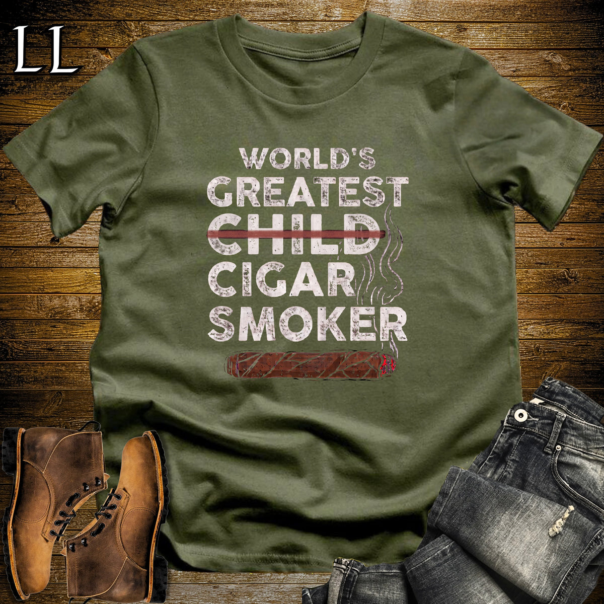 Worlds Greatest Child Cigar Smoker T-Shirt Military Green | Funny Cigar Gift Tee