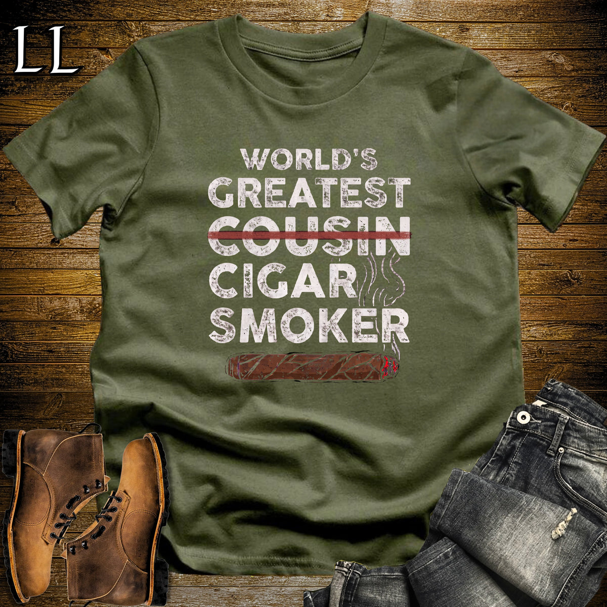 Worlds Greatest Cousin Cigar Smoker T-Shirt Military Green | Cigar Lover Gift Tee
