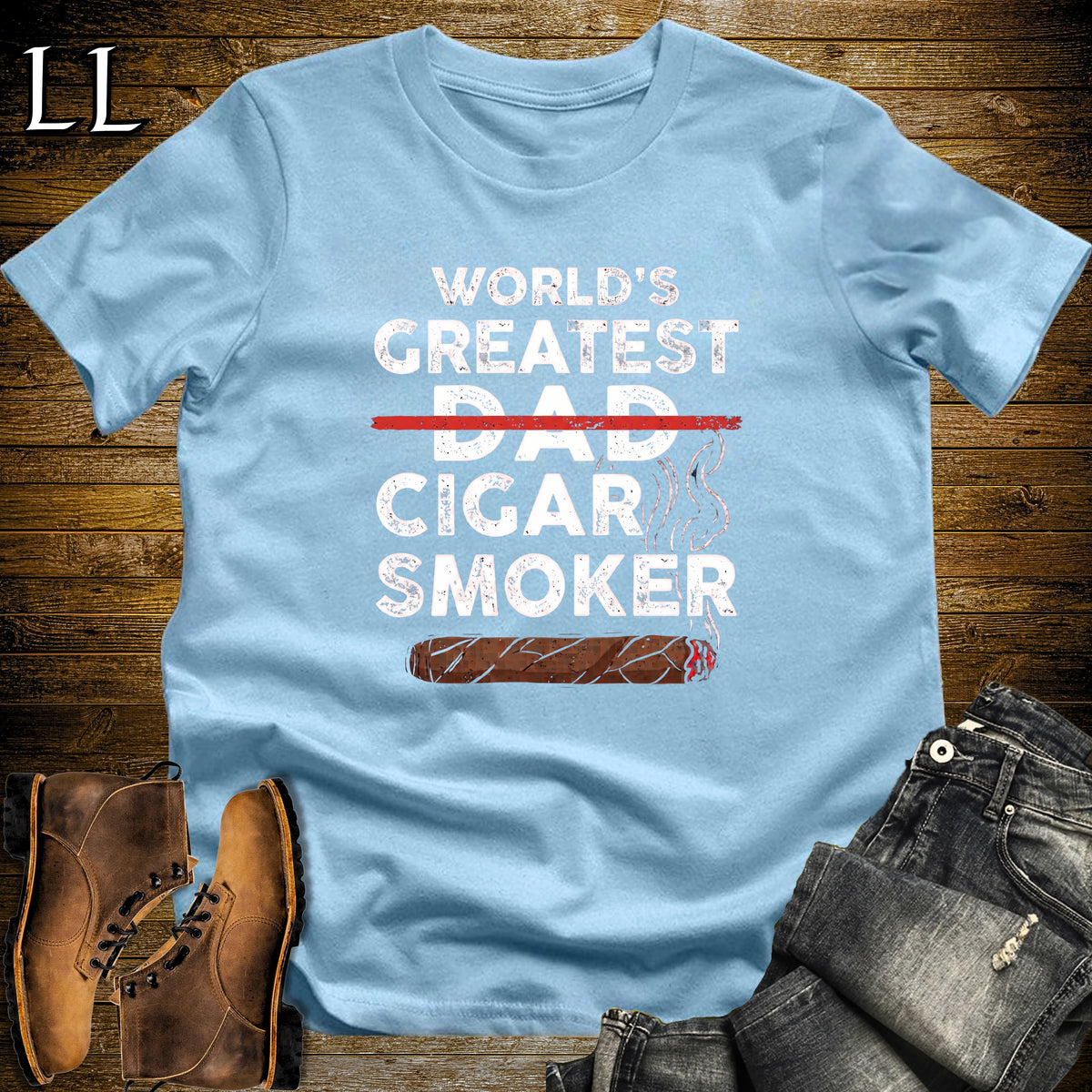 Worlds Greatest Dad Cigar Smoker T-Shirt Light Blue | Cigar Lover Gift Tee
