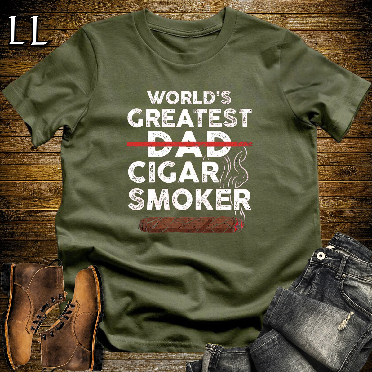 Worlds Greatest Dad Cigar Smoker T-Shirt Military Green | Cigar Lover Gift Tee