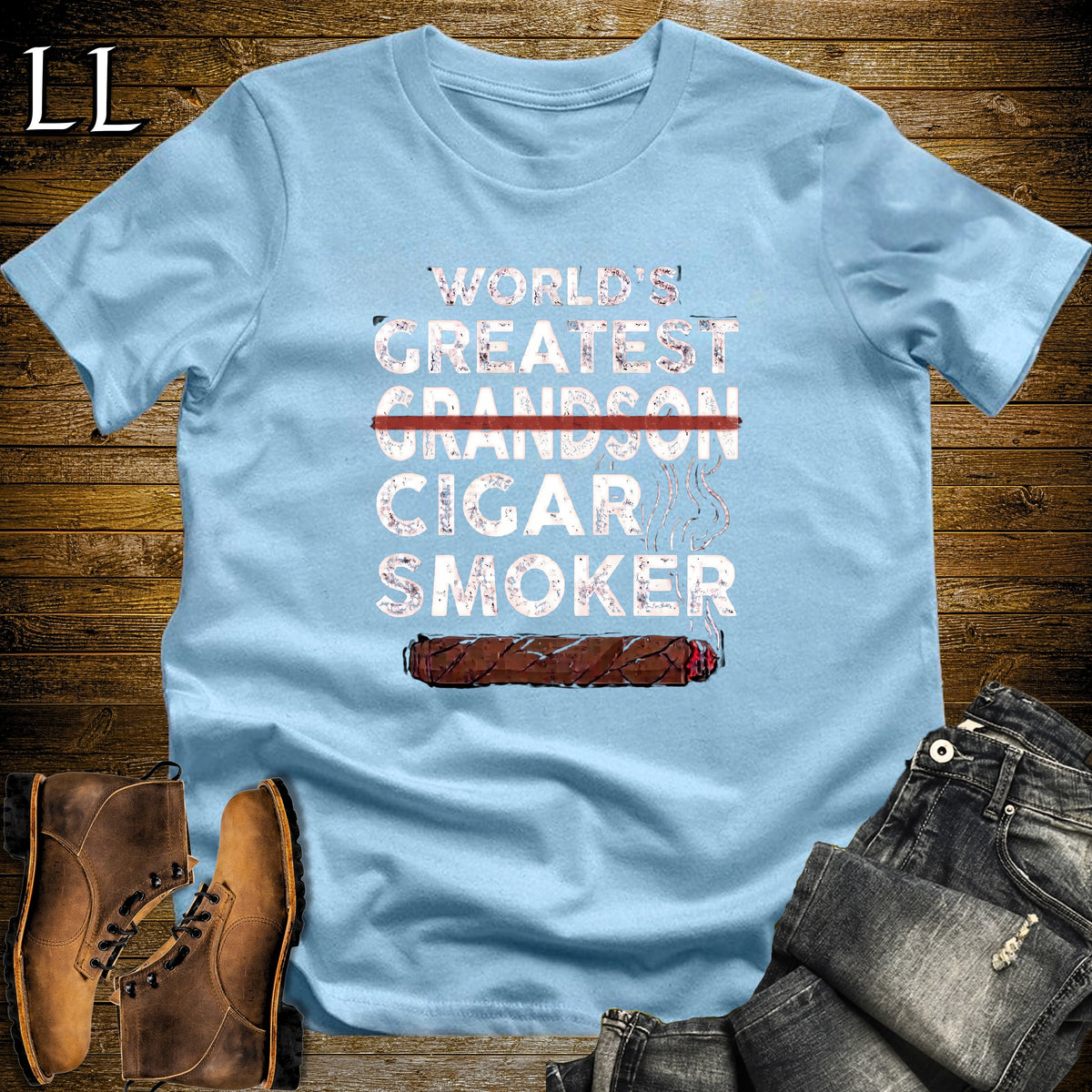 Worlds Greatest Grandson Cigar Smoker T-Shirt Light Blue | Cigar Lover Gift