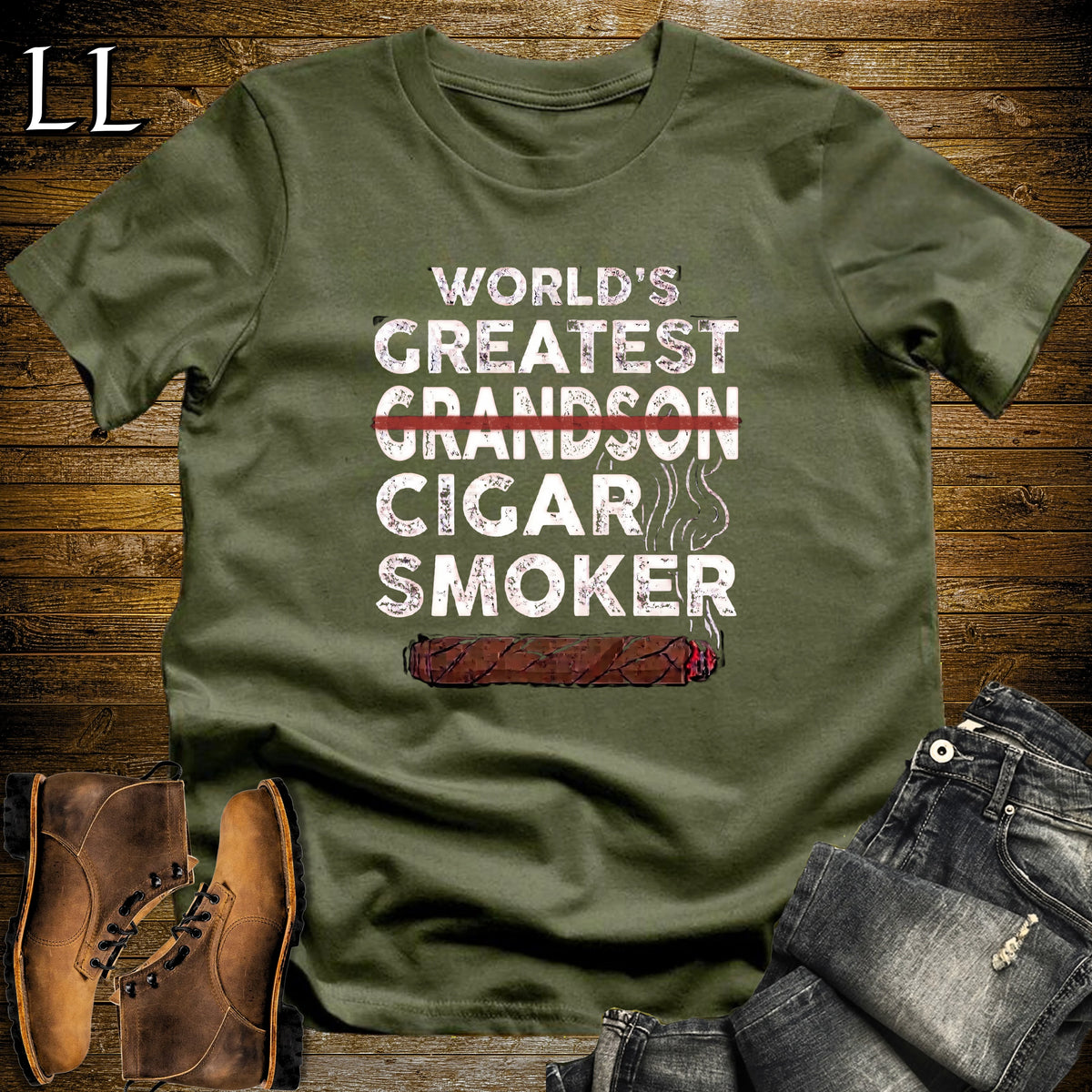 Worlds Greatest Grandson Cigar Smoker T-Shirt Military Green | Cigar Lover Gift
