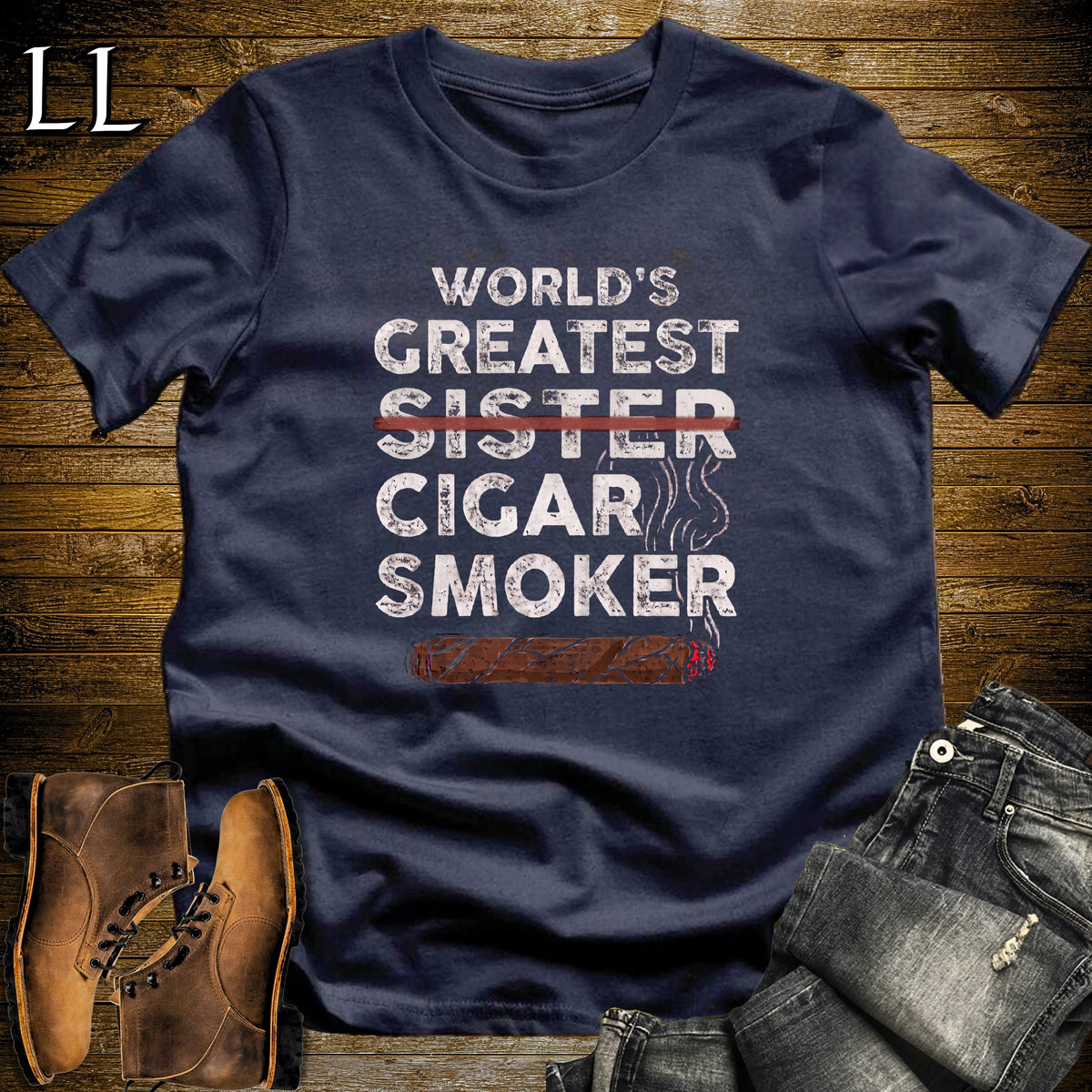 Worlds Greatest Sister Cigar Smoker T-Shirt Navy | Cigar Lover Gift Tee