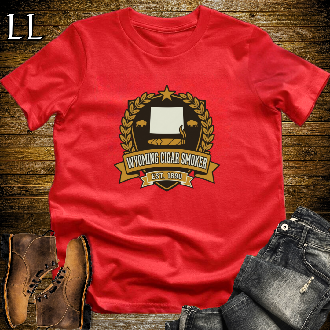 Wyoming Cigar Smoker Shield T-Shirt Red | Wyoming Cigar Smoker Shield Tee