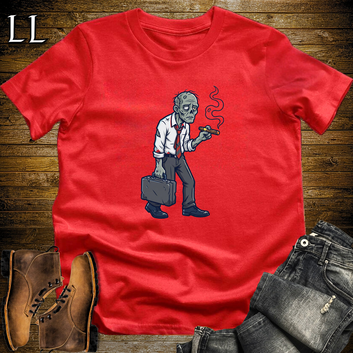 Zombie Dad Briefcase Cigar T-Shirt Red | Zombie Dad Cigar Halloween Tee