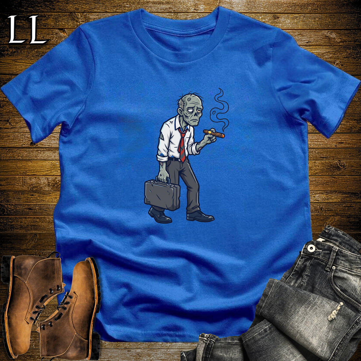 Zombie Dad Briefcase Cigar T-Shirt Royal | Zombie Dad Cigar Halloween Tee