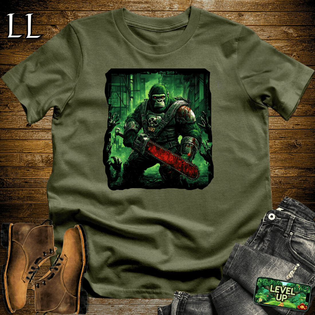 Zombie Hunter Gorilla Softstyle Tee Military Green | Horror Graphic Tee